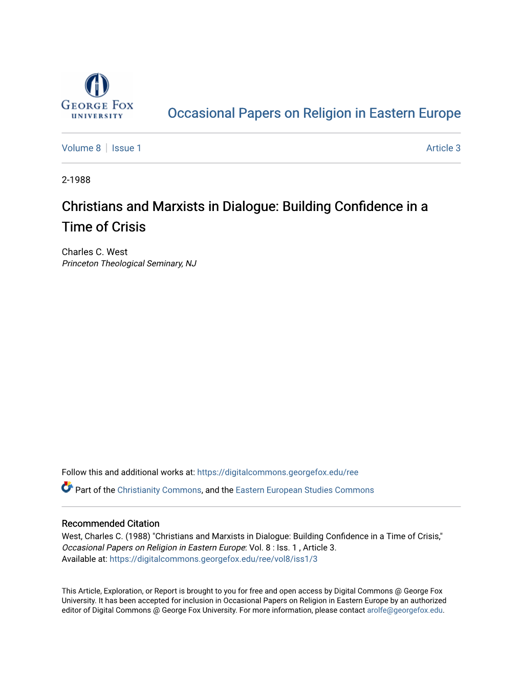 Christians and Marxists in Dialogue: Building Confidence in a Time of Crisis