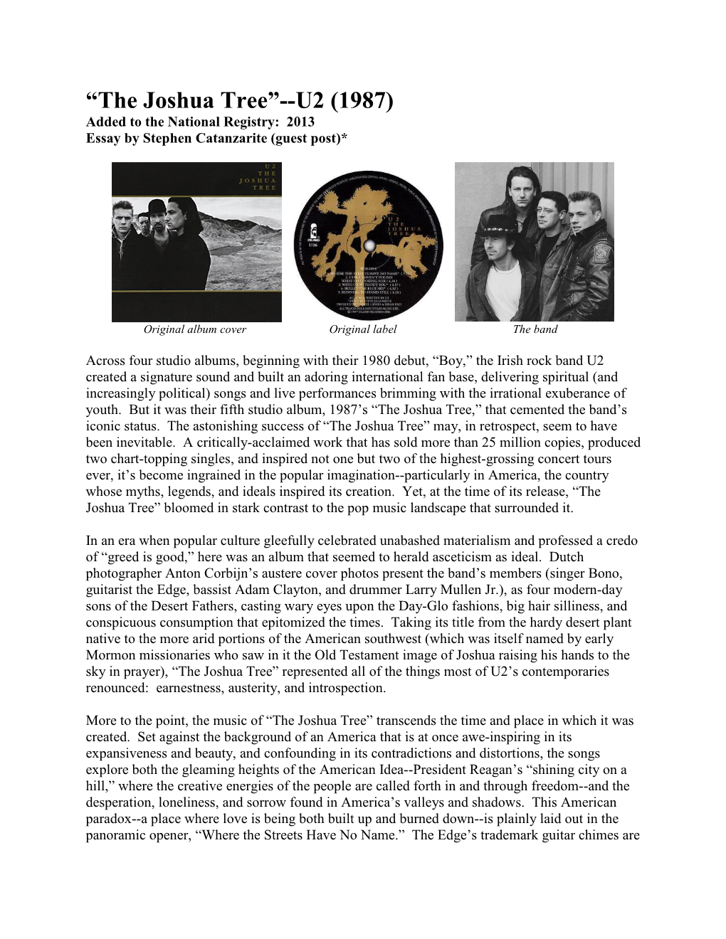 Joshua Tree”--U2 (1987) Added to the National Registry: 2013 Essay by Stephen Catanzarite (Guest Post)*