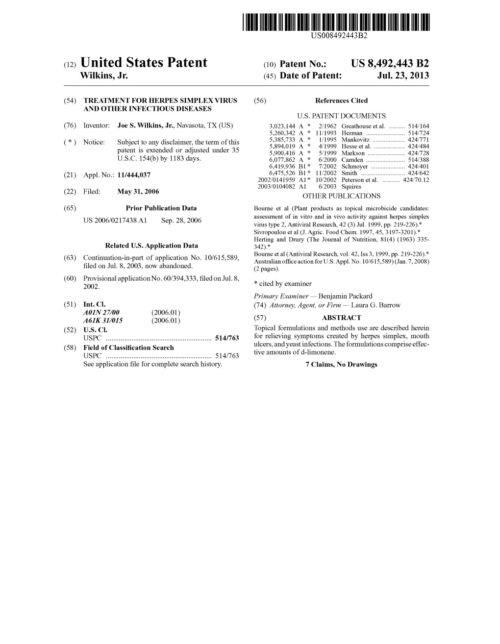 (12) United States Patent (10) Patent No.: US 8.492.443 B2 Wilkins, Jr