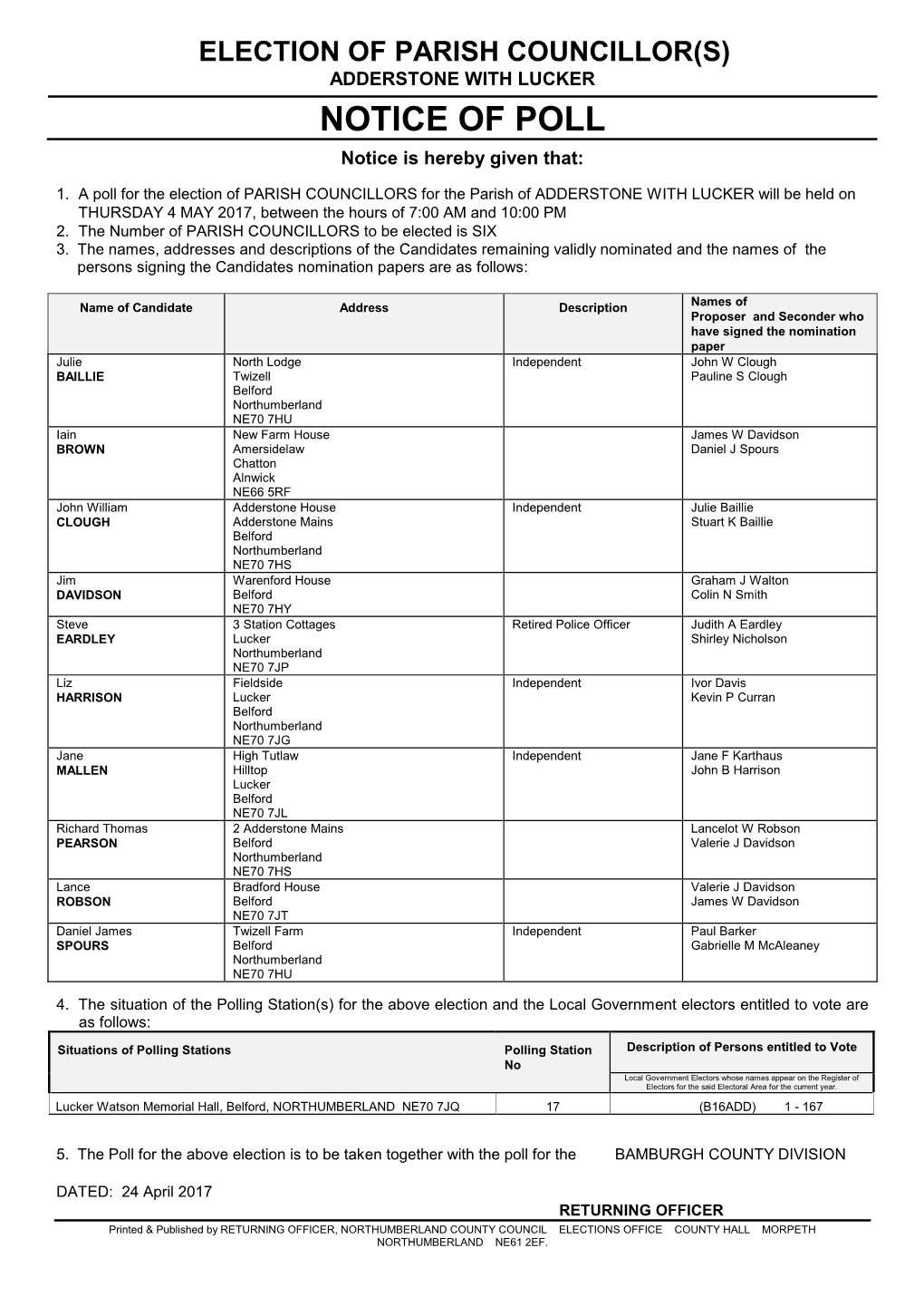 NOTICE of POLL Notice Is Hereby Given That