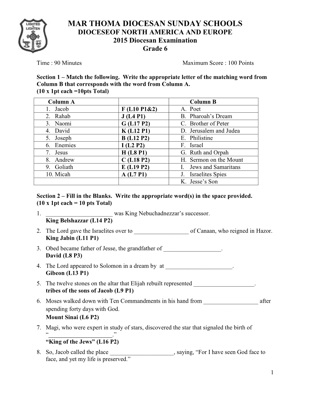 MAR THOMA DIOCESAN SUNDAY SCHOOLS DIOCESEOF NORTH AMERICA and EUROPE 2015 Diocesan Examination Grade 6