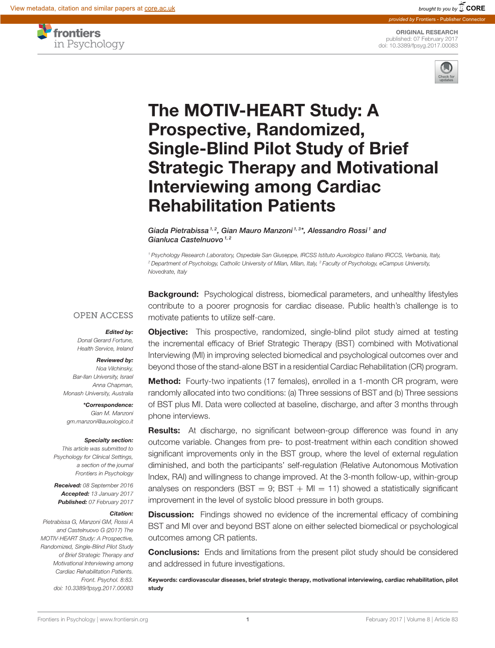 A Prospective, Randomized, Single-Blind Pilot Study of Brief Strategic Therapy and Motivational Interviewing Among Cardiac Rehabilitation Patients