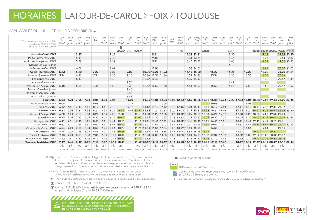 HORAIRES LATOUR-DE-CAROL &gt; FOIX &gt; TOULOUSE