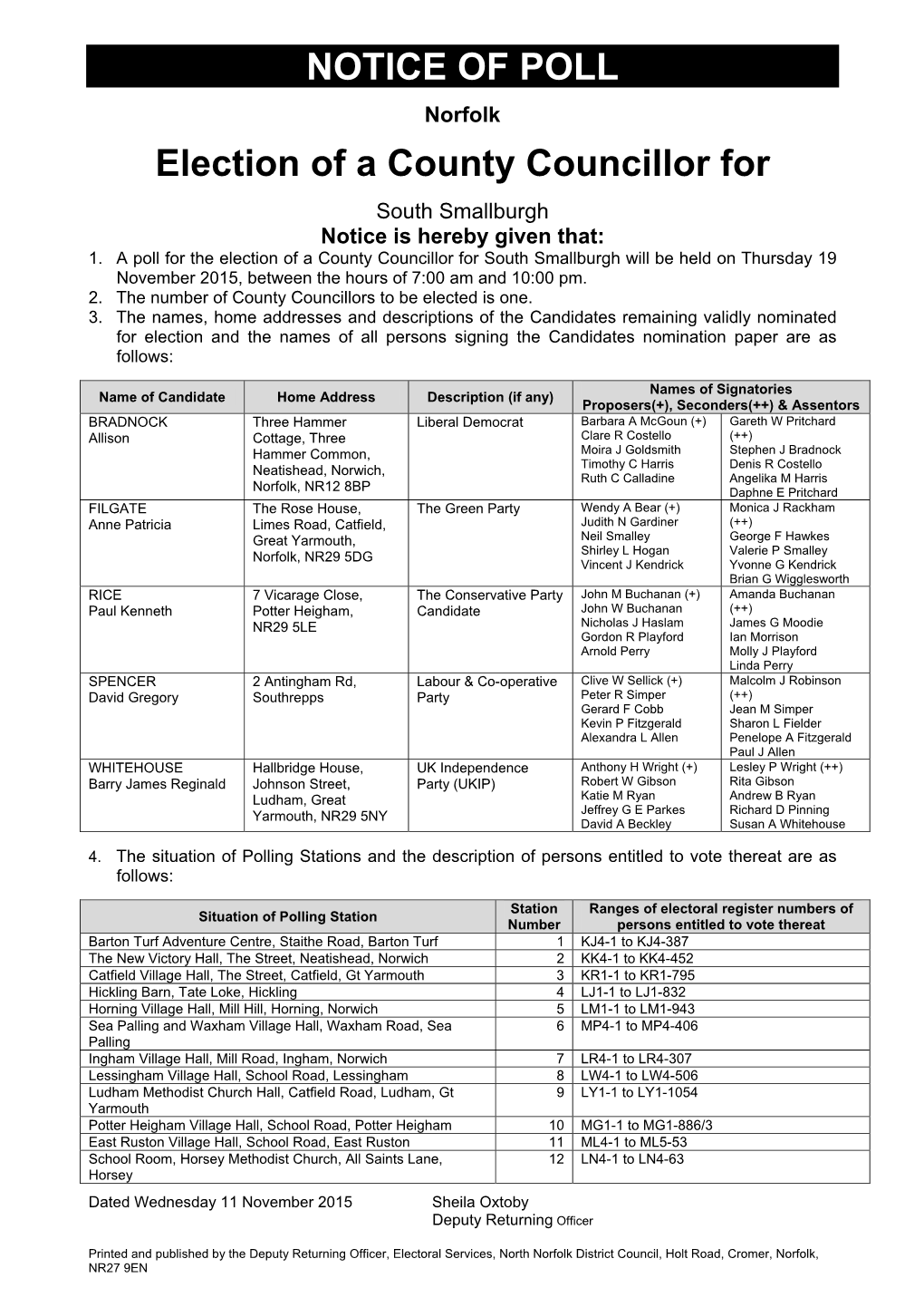 NOTICE of POLL Election of a County Councillor