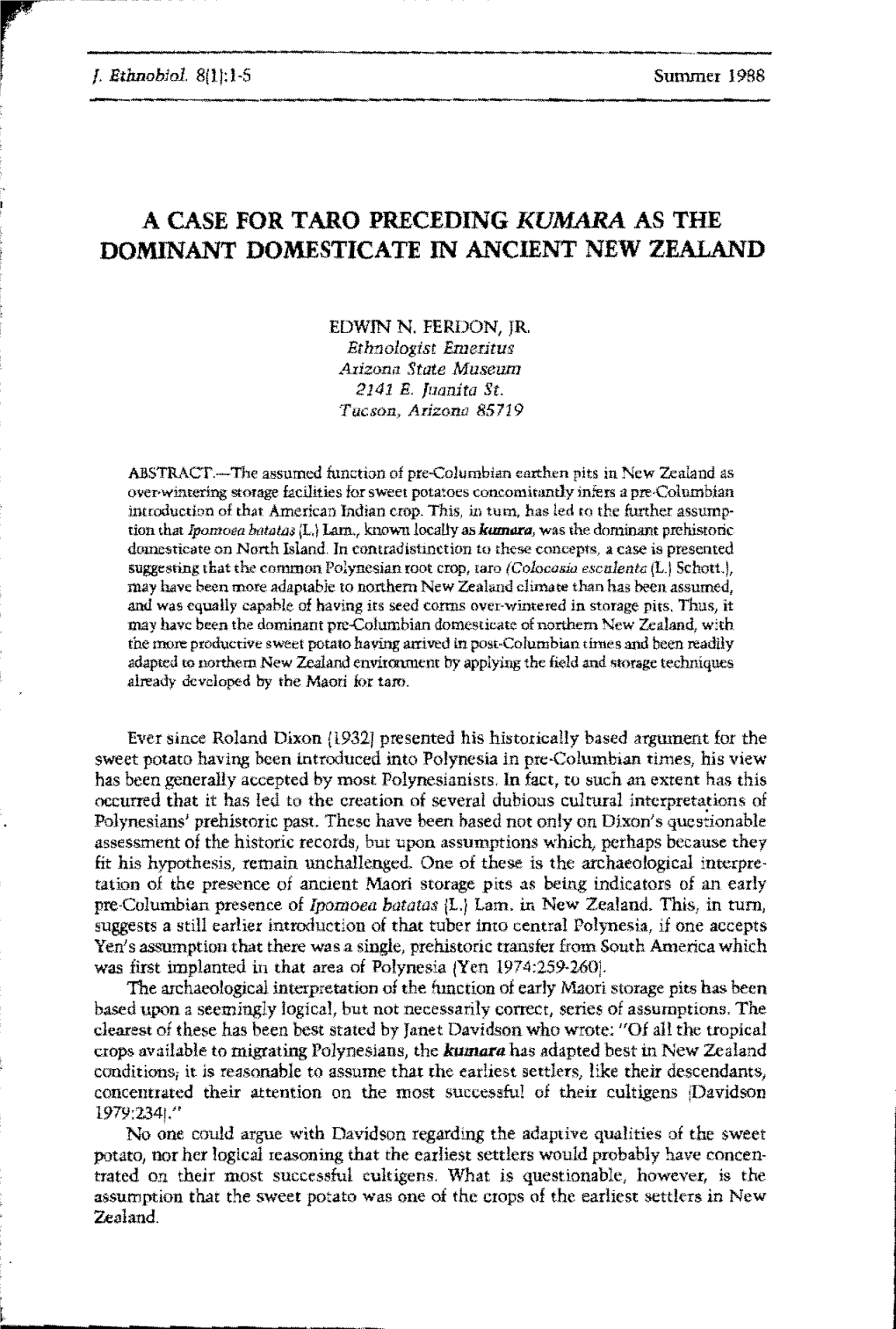 A CASE for TARO PRECEDING KUMARA AS the DOMINANT DOMESTICATE in Ancffint NEW ZEALAND