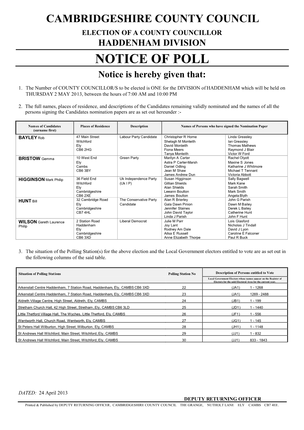 NOTICE of POLL Notice Is Hereby Given That