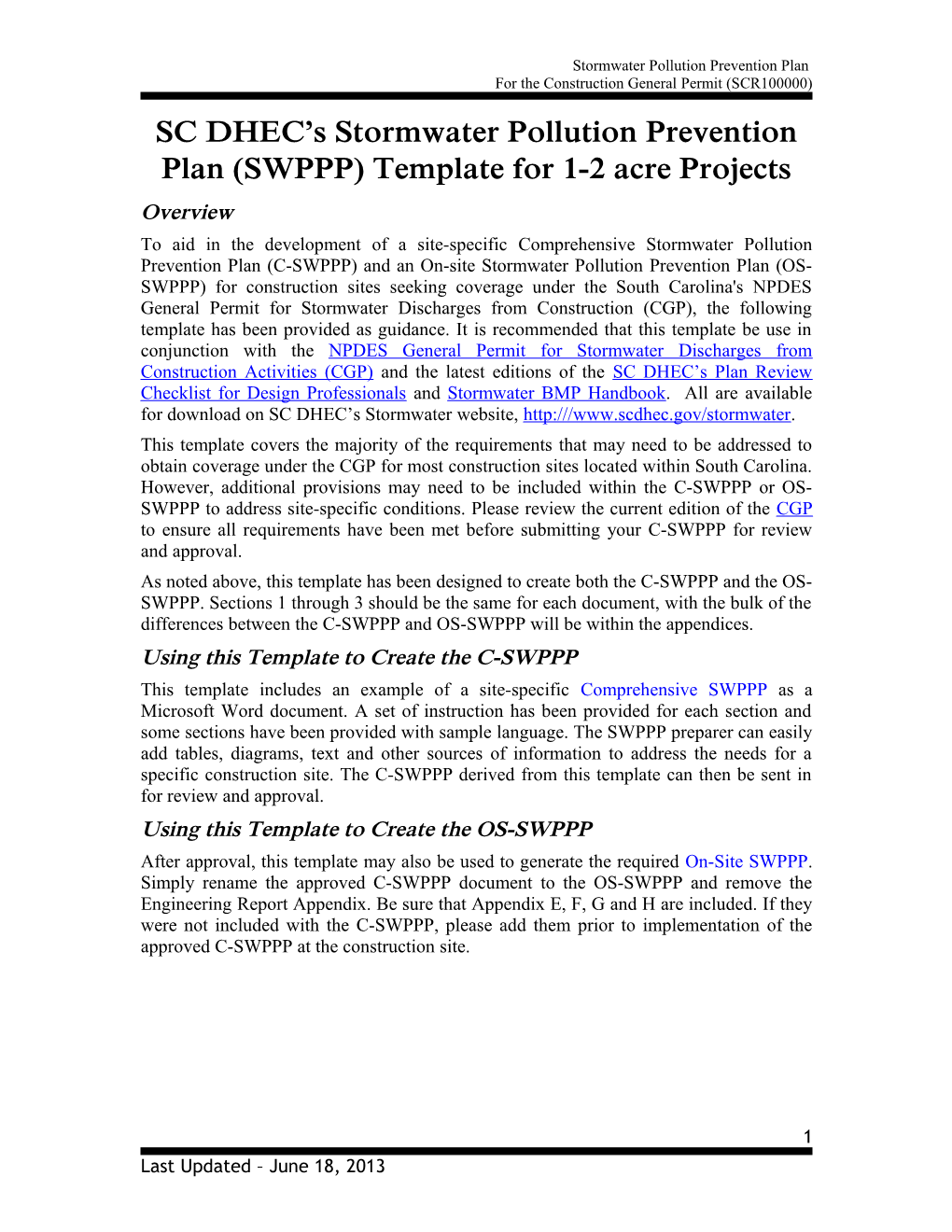 SC DHEC S Stormwater Pollution Prevention Plan (SWPPP) Template for 1-2 Acre Projects