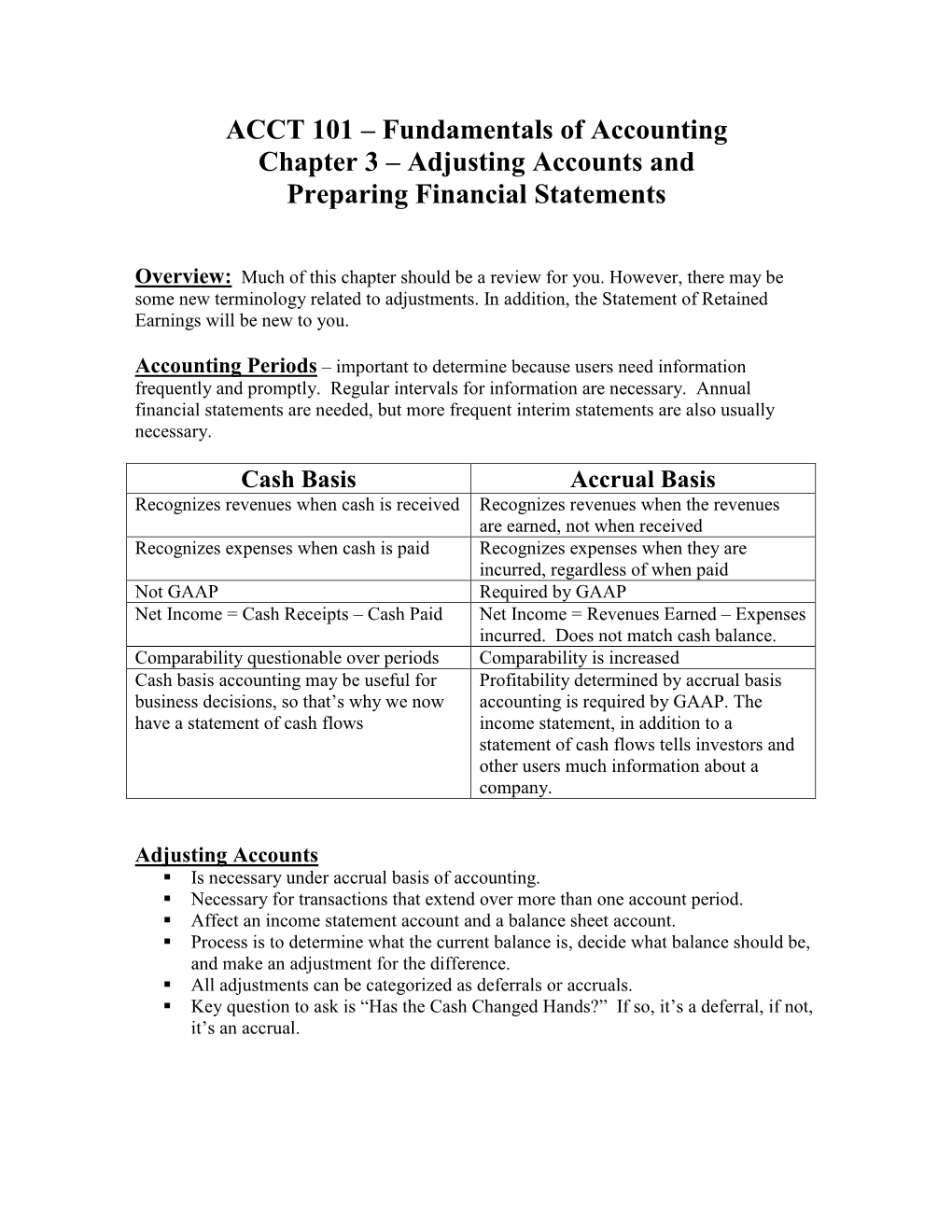 ACCT 101 – Fundamentals of Accounting Chapter 3 – Adjusting Accounts and Preparing Financial Statements