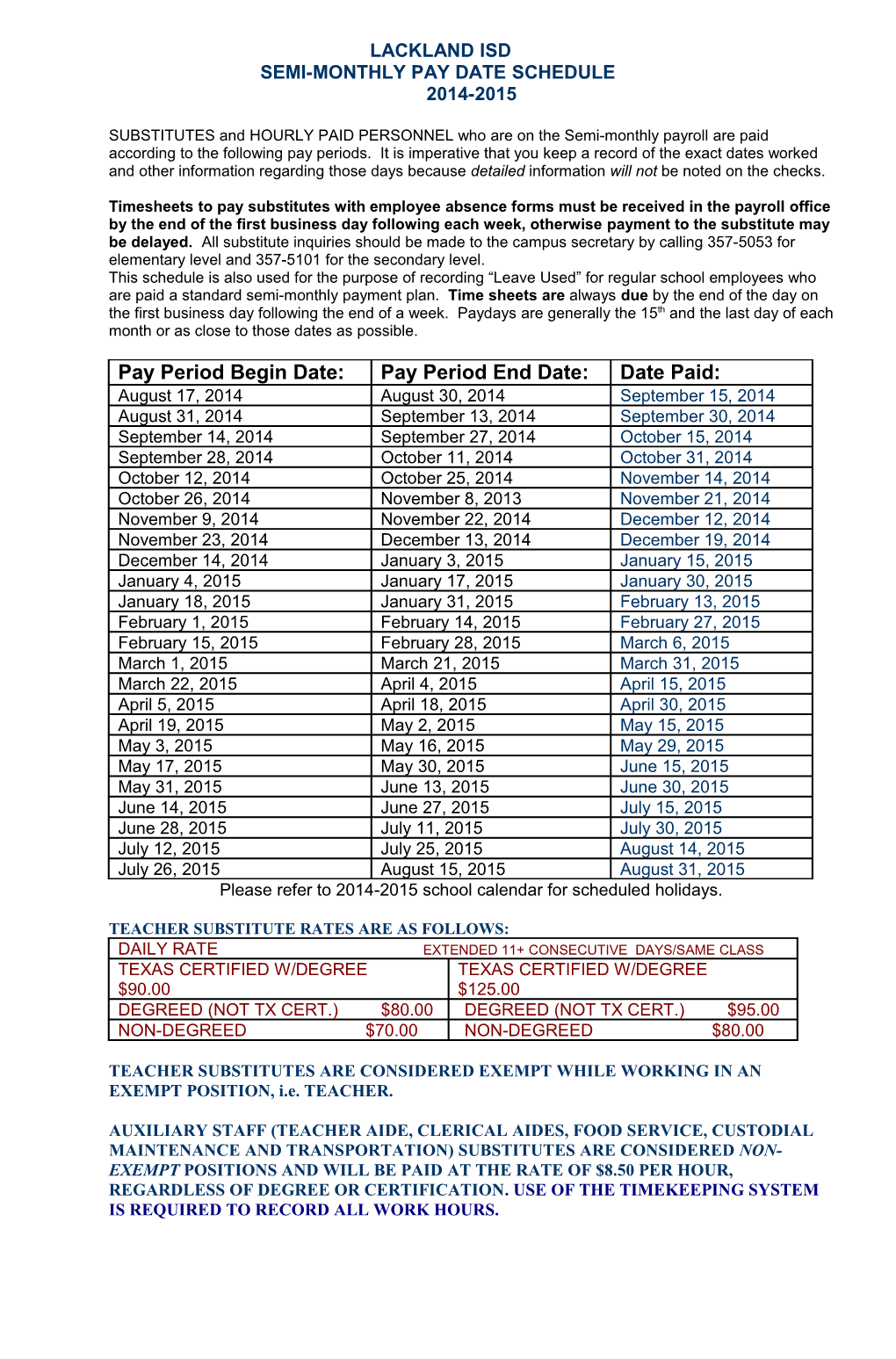 Semi-Monthly Pay Date Schedule for the 1998-99 School Year