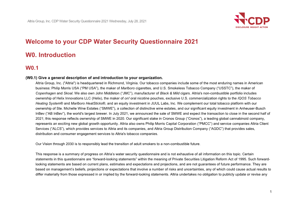 CDP Water Security Questionnaire 2021 Wednesday, July 28, 2021