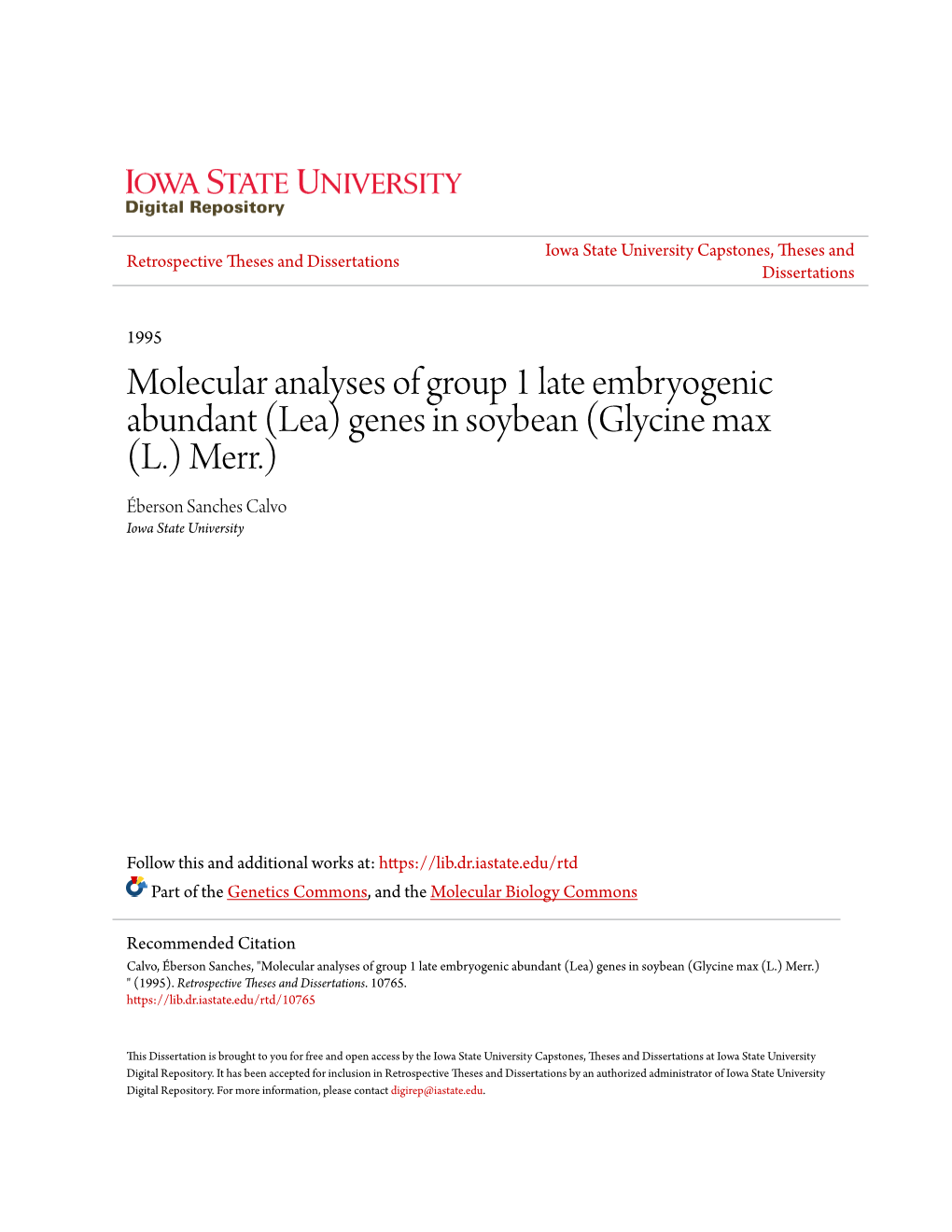 (Lea) Genes in Soybean (Glycine Max (L.) Merr.) Éberson Sanches Calvo Iowa State University