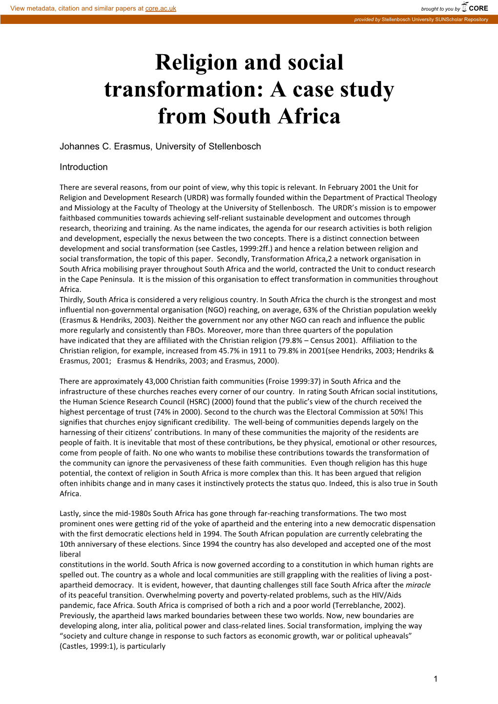 Religion and Social Transformation: a Case Study from South Africa