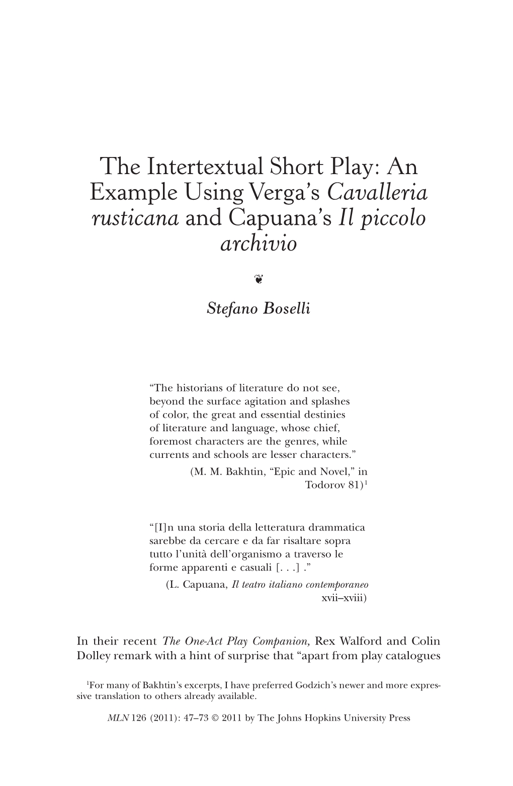 The Intertextual Short Play: an Example Using Verga's Cavalleria