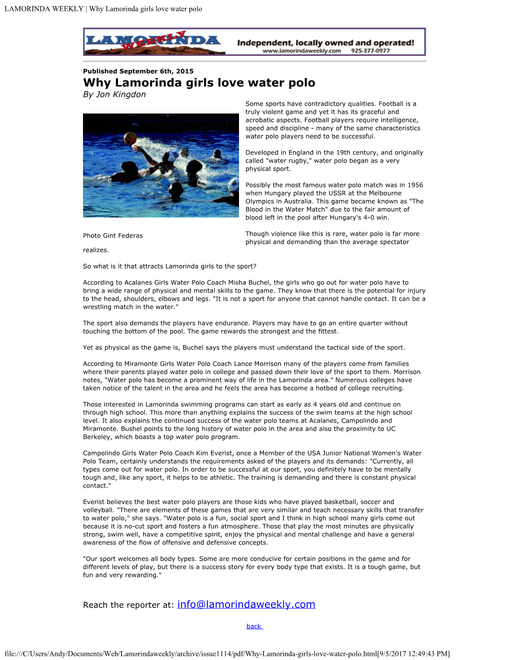 Why Lamorinda Girls Love Water Polo
