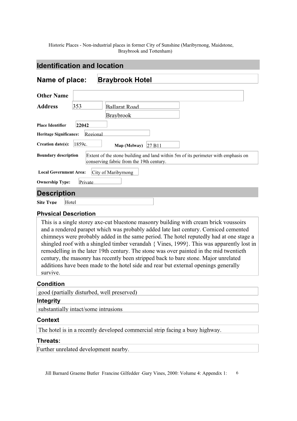 Name of Place: Braybrook Hotel Identification and Location Description