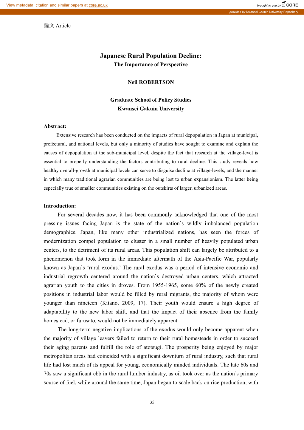 Japanese Rural Population Decline: the Importance of Perspective