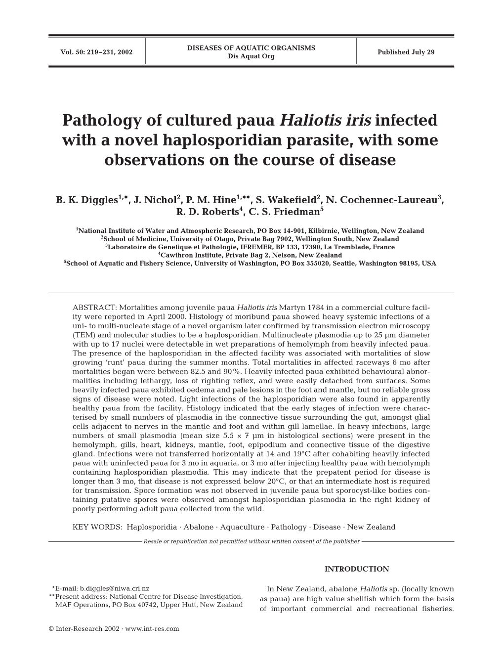 Pathology of Cultured Paua Haliotis Iris Infected with a Novel Haplosporidian Parasite, with Some Observations on the Course of Disease