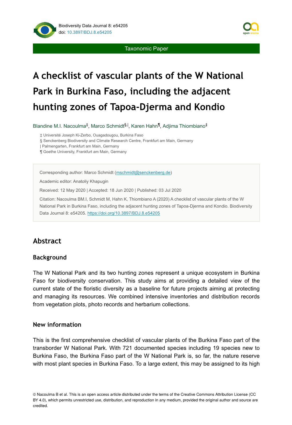 A Checklist of Vascular Plants of the W National Park in Burkina Faso, Including the Adjacent Hunting Zones of Tapoa-Djerma and Kondio