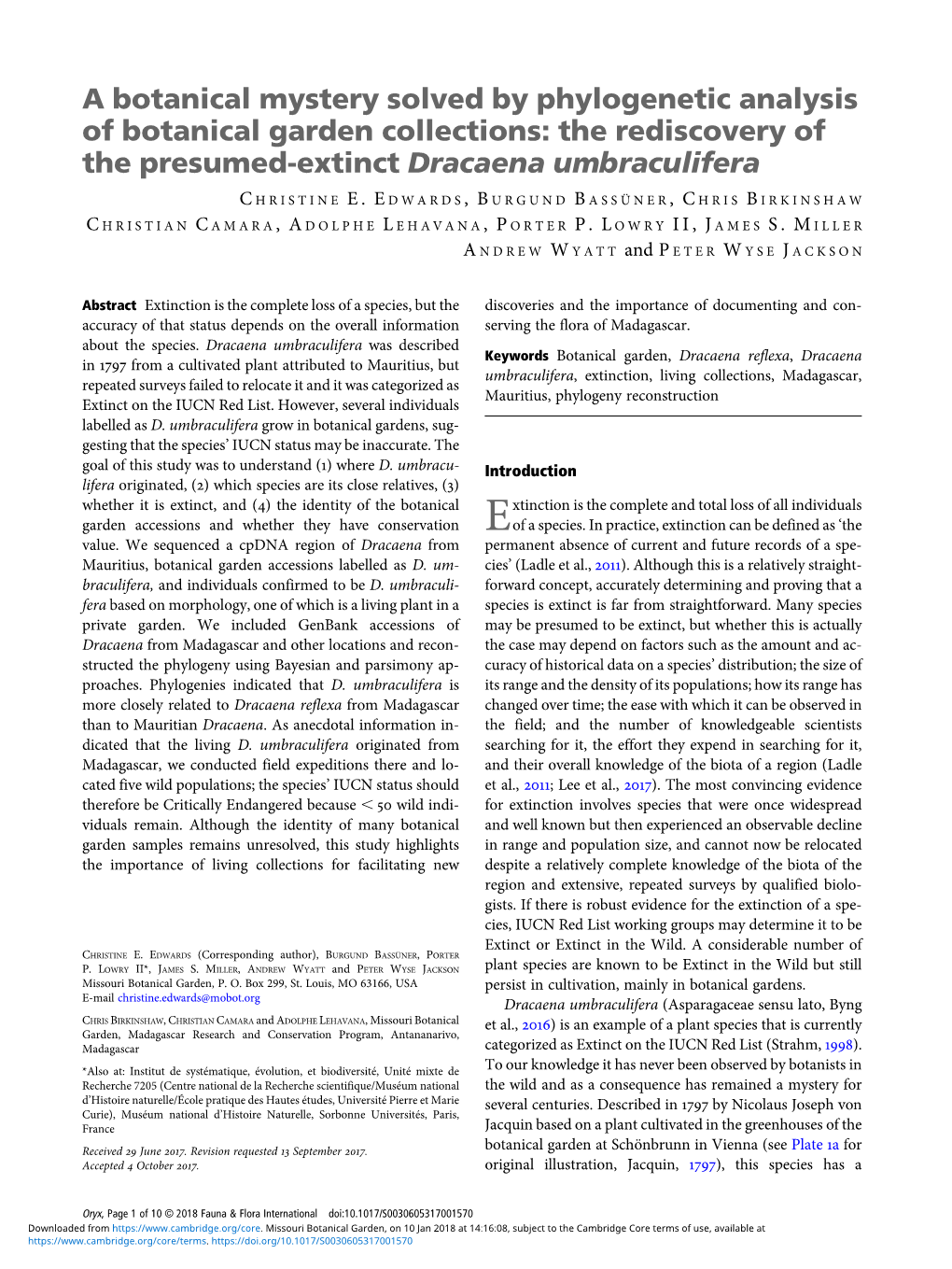 A Botanical Mystery Solved by Phylogenetic Analysis of Botanical Garden Collections: the Rediscovery of the Presumed-Extinct Dracaena Umbraculifera