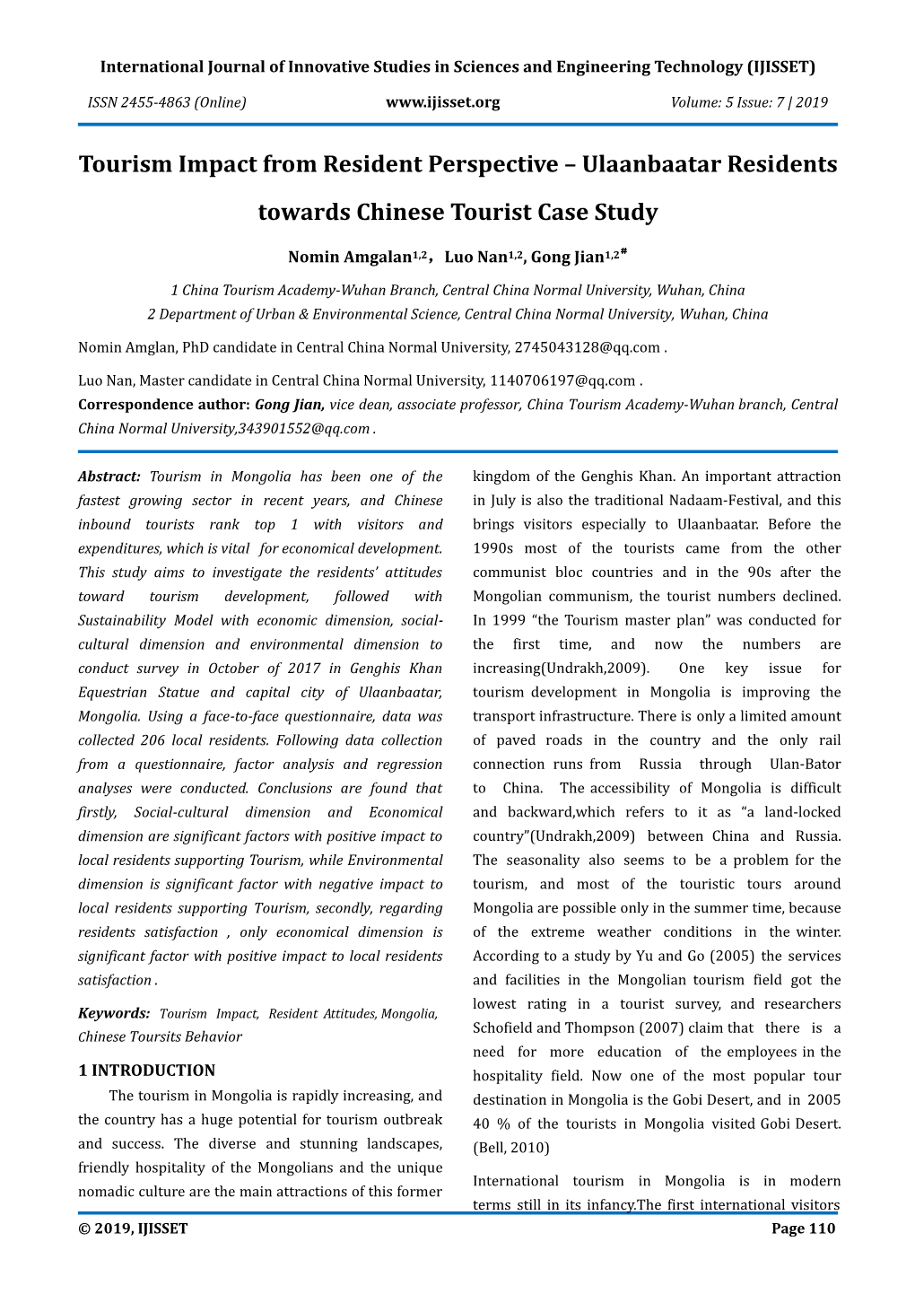 Tourism Impact from Resident Perspective – Ulaanbaatar Residents Towards Chinese Tourist Case Study