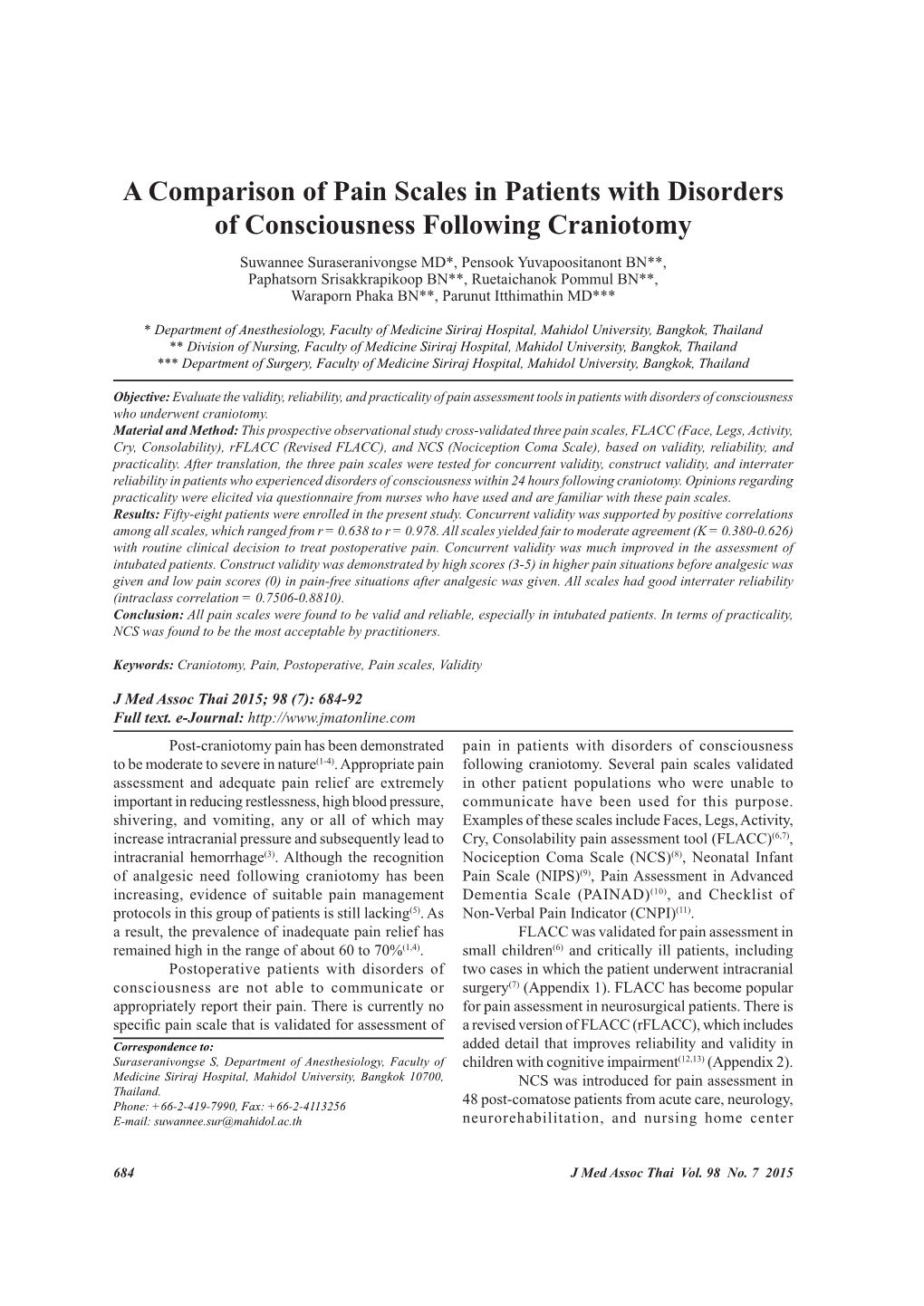 A Comparison of Pain Scales in Patients with Disorders Of