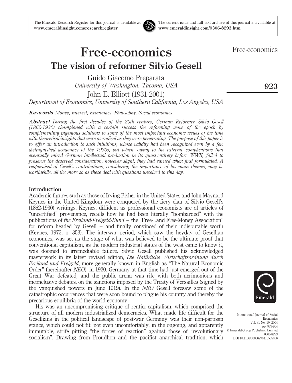 Free-Economics Free-Economics the Vision of Reformer Silvio Gesell Guido Giacomo Preparata University of Washington, Tacoma, USA 923 John E