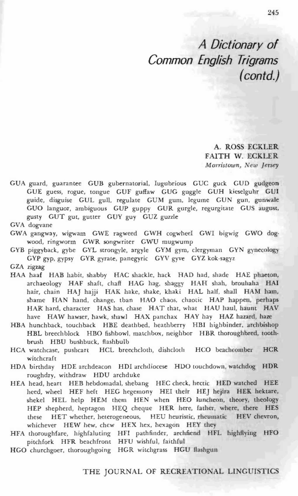 A DICTIONARY of COMMON ENGLISH TRIGRAMS (Contd.)