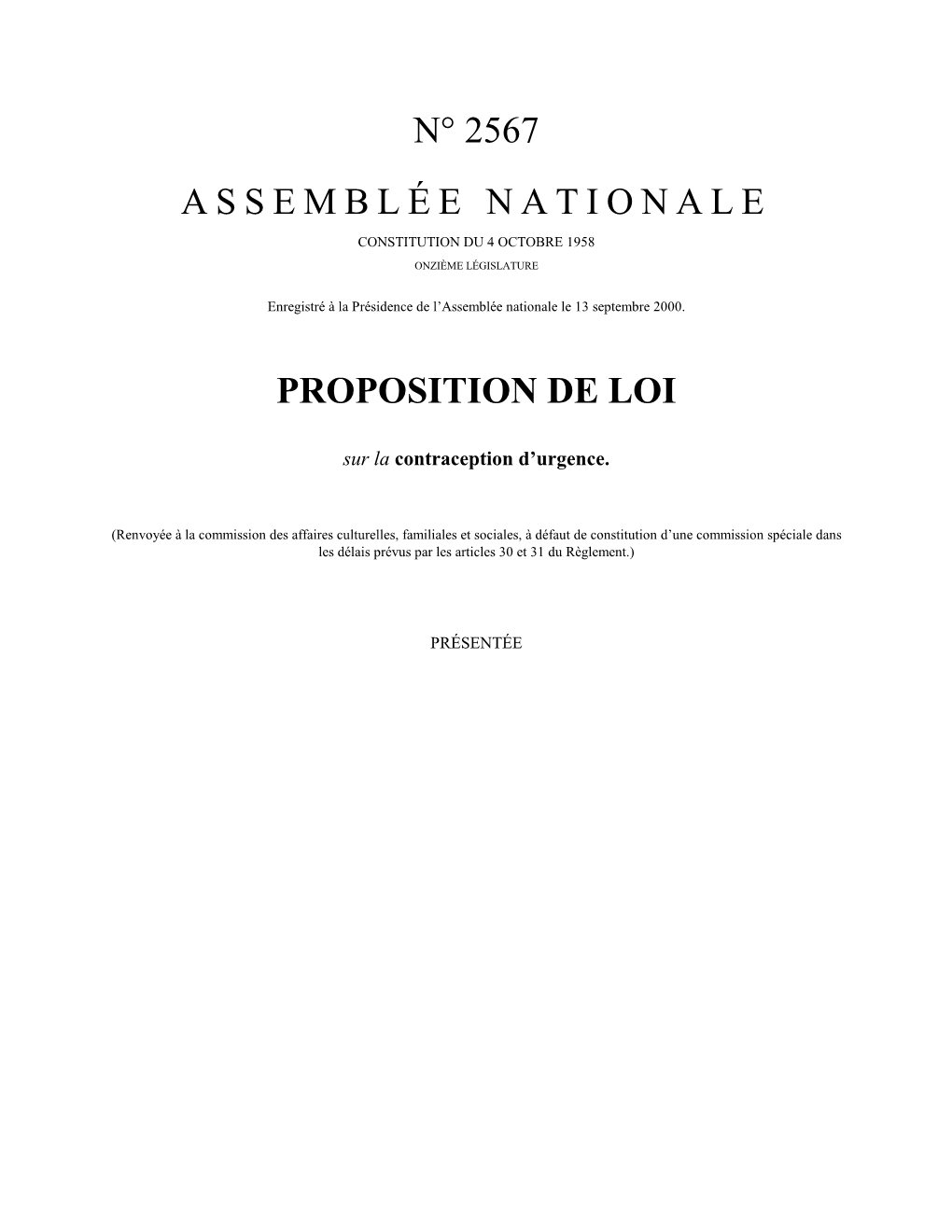 N° 2567 Assemblée Nationale Proposition De