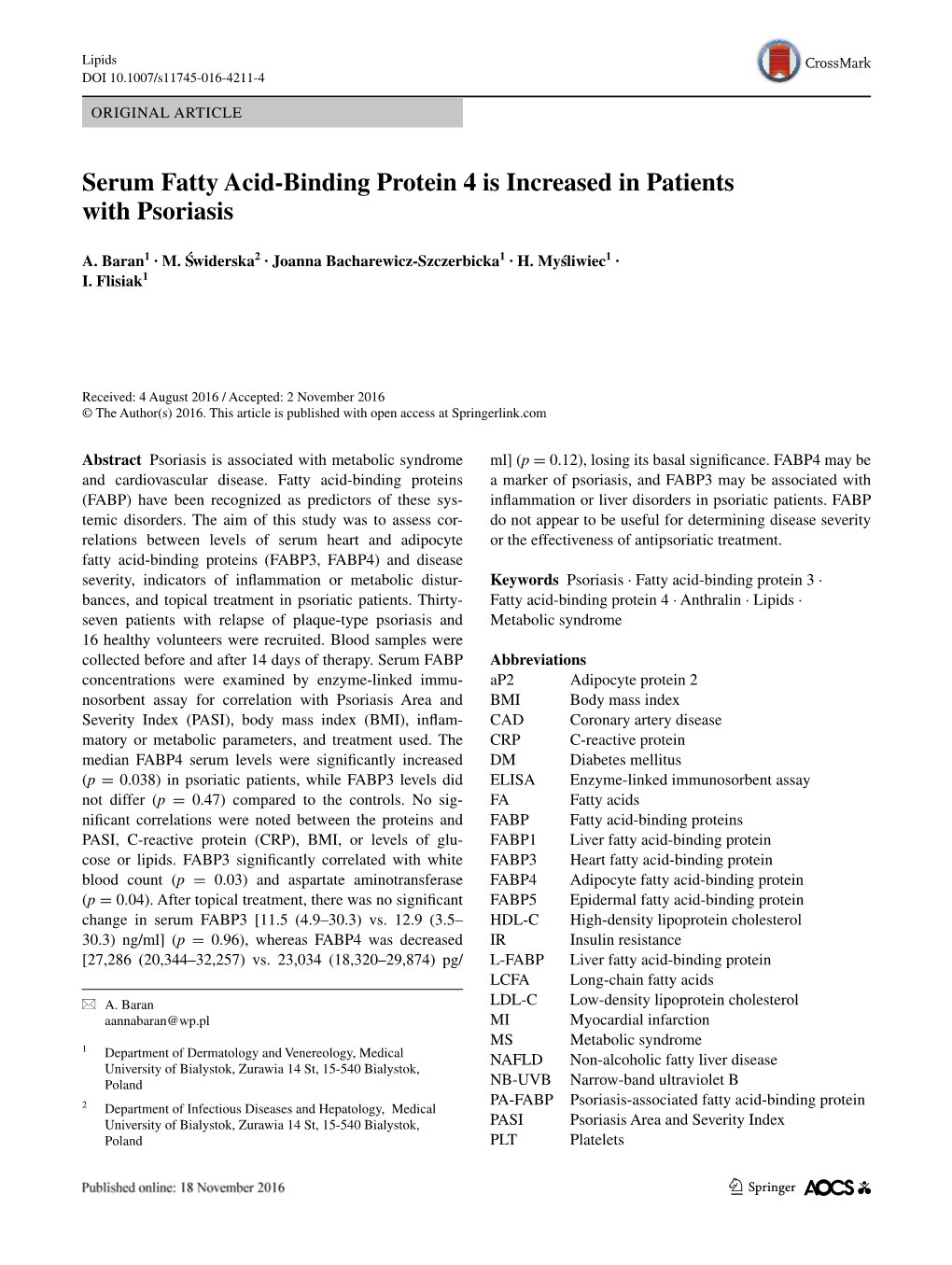 Serum Fatty Acid-Binding Protein 4 Is Increased in Patients with Psoriasis