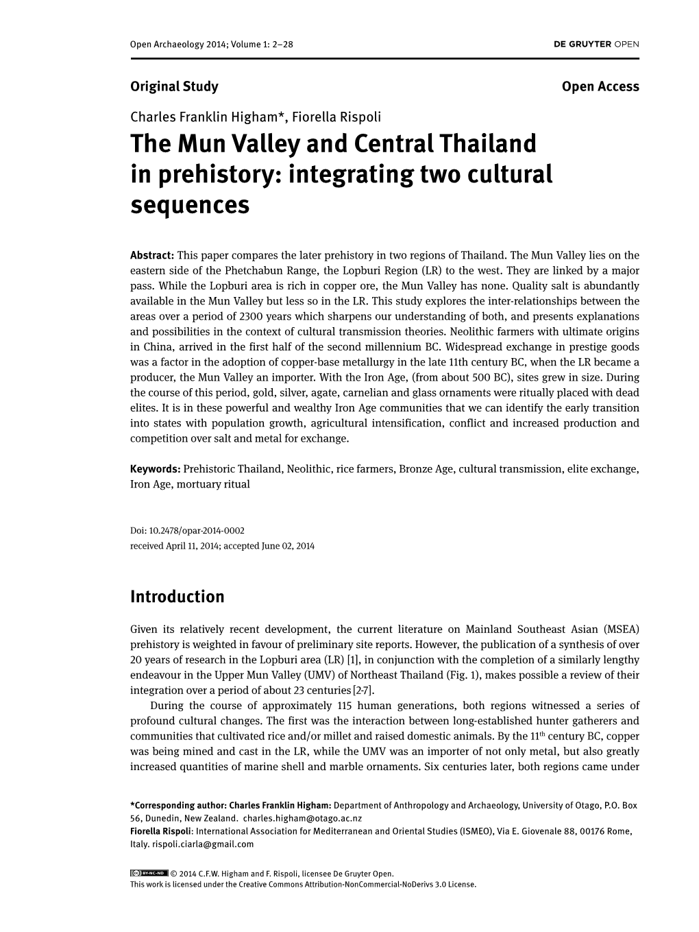 The Mun Valley and Central Thailand in Prehistory: Integrating Two Cultural Sequences