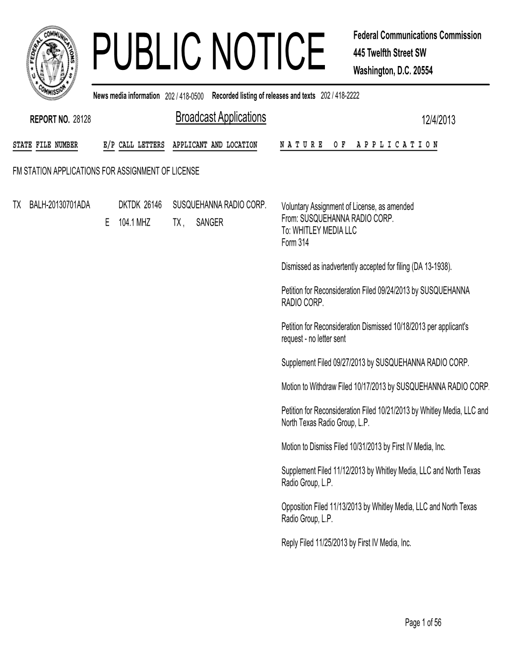 Broadcast Applications 12/4/2013