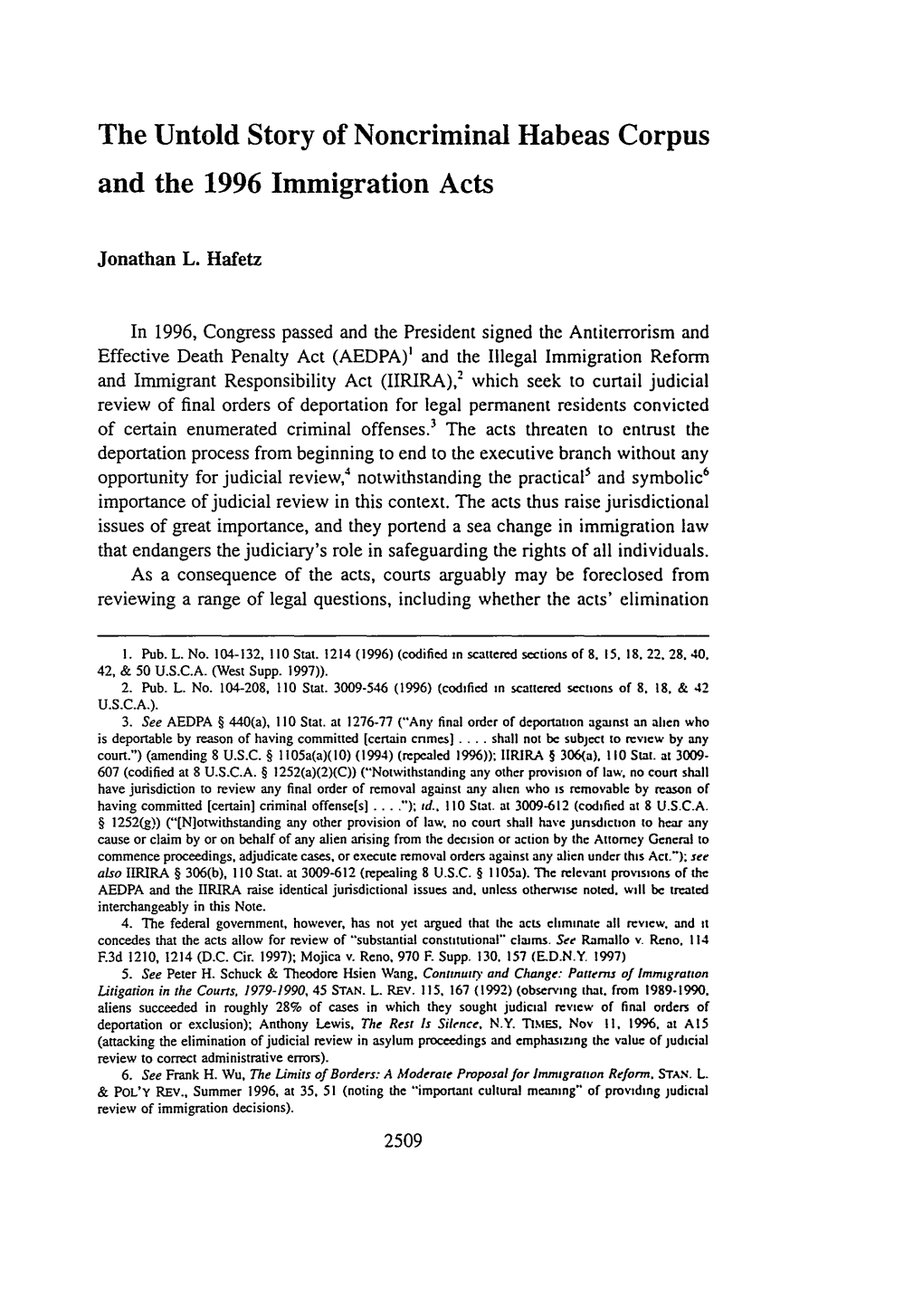 The Untold Story of Noncriminal Habeas Corpus and the 1996 Immigration Acts