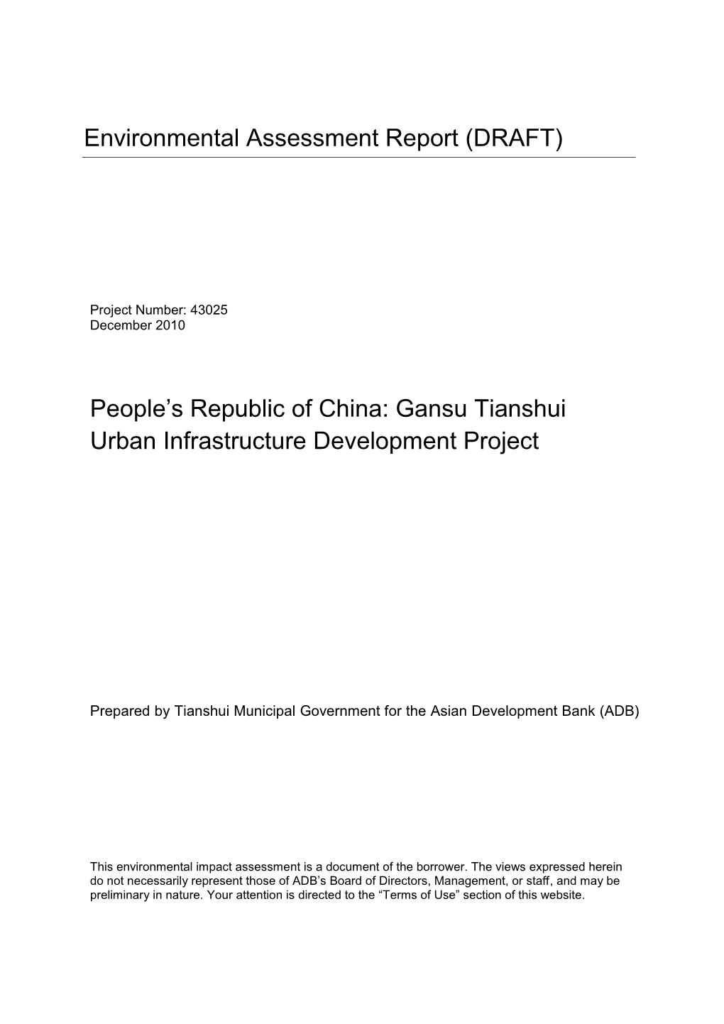 Environmental Assessment Report (DRAFT) People's Republic Of
