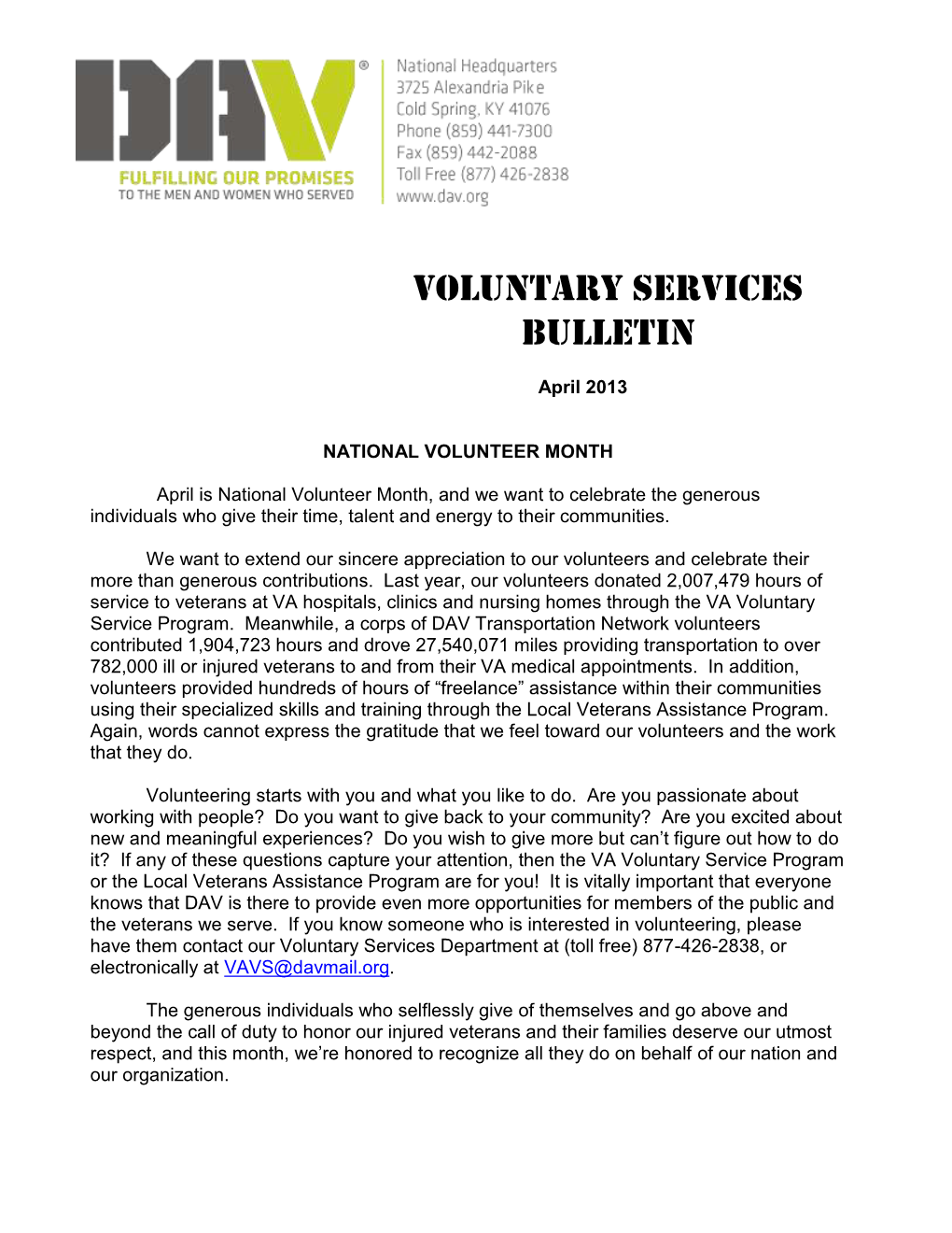 VOLUNTARY SERVICES Bulletin