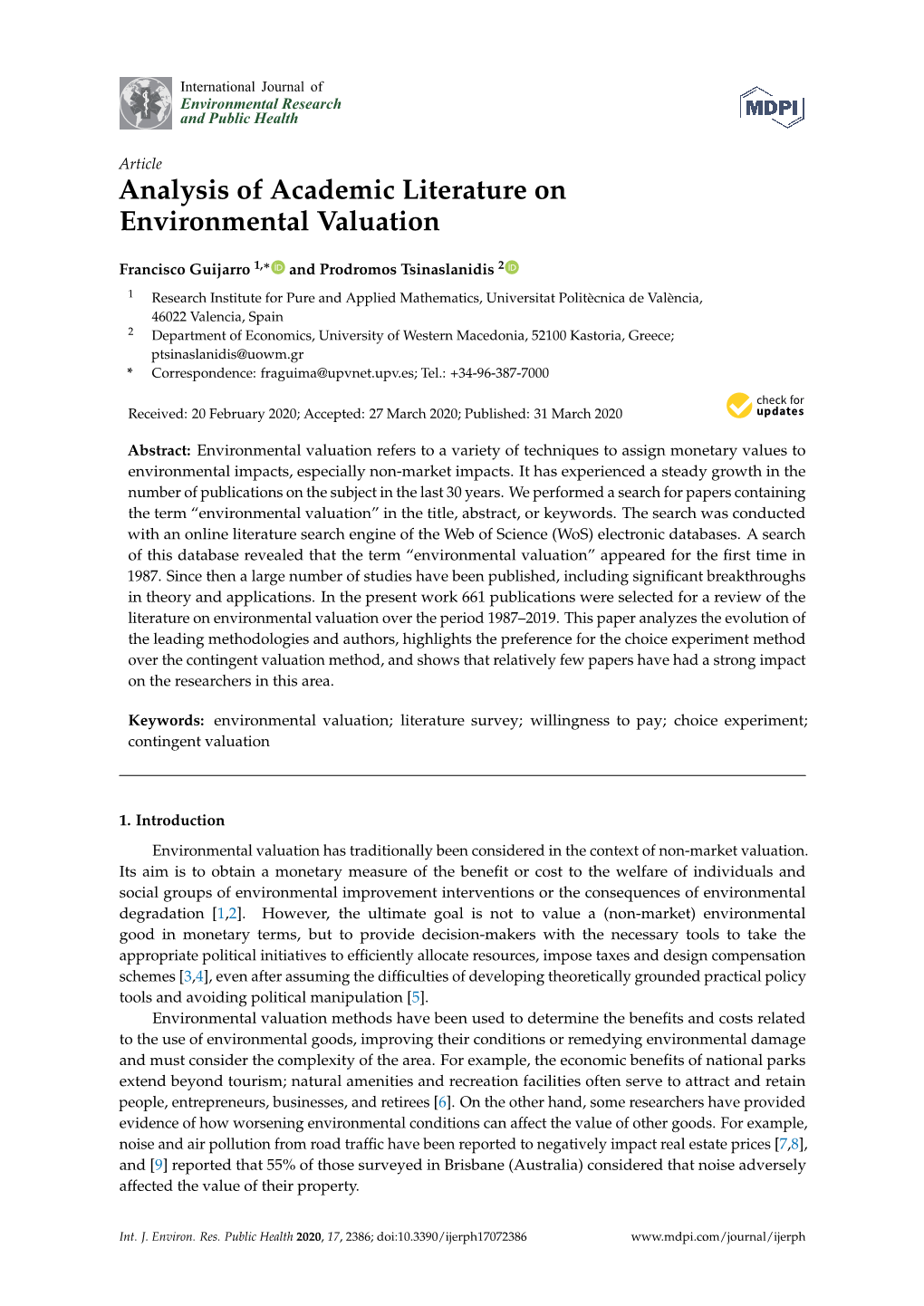 Analysis of Academic Literature on Environmental Valuation