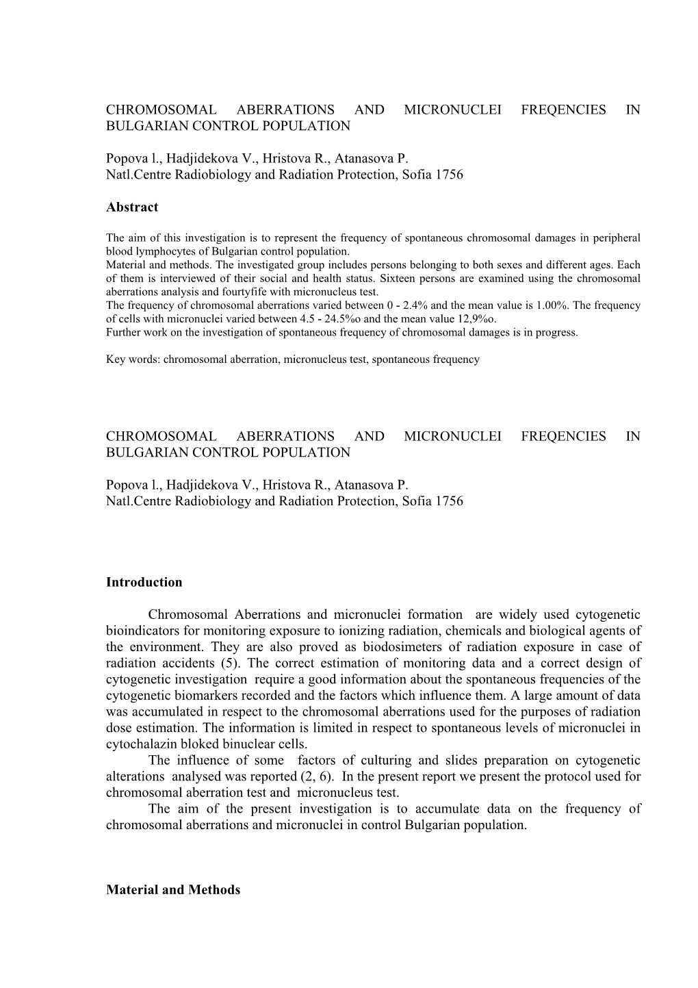 Chromosomal Aberrations and Micronuclei Freqencies in Bulgarian Control Population