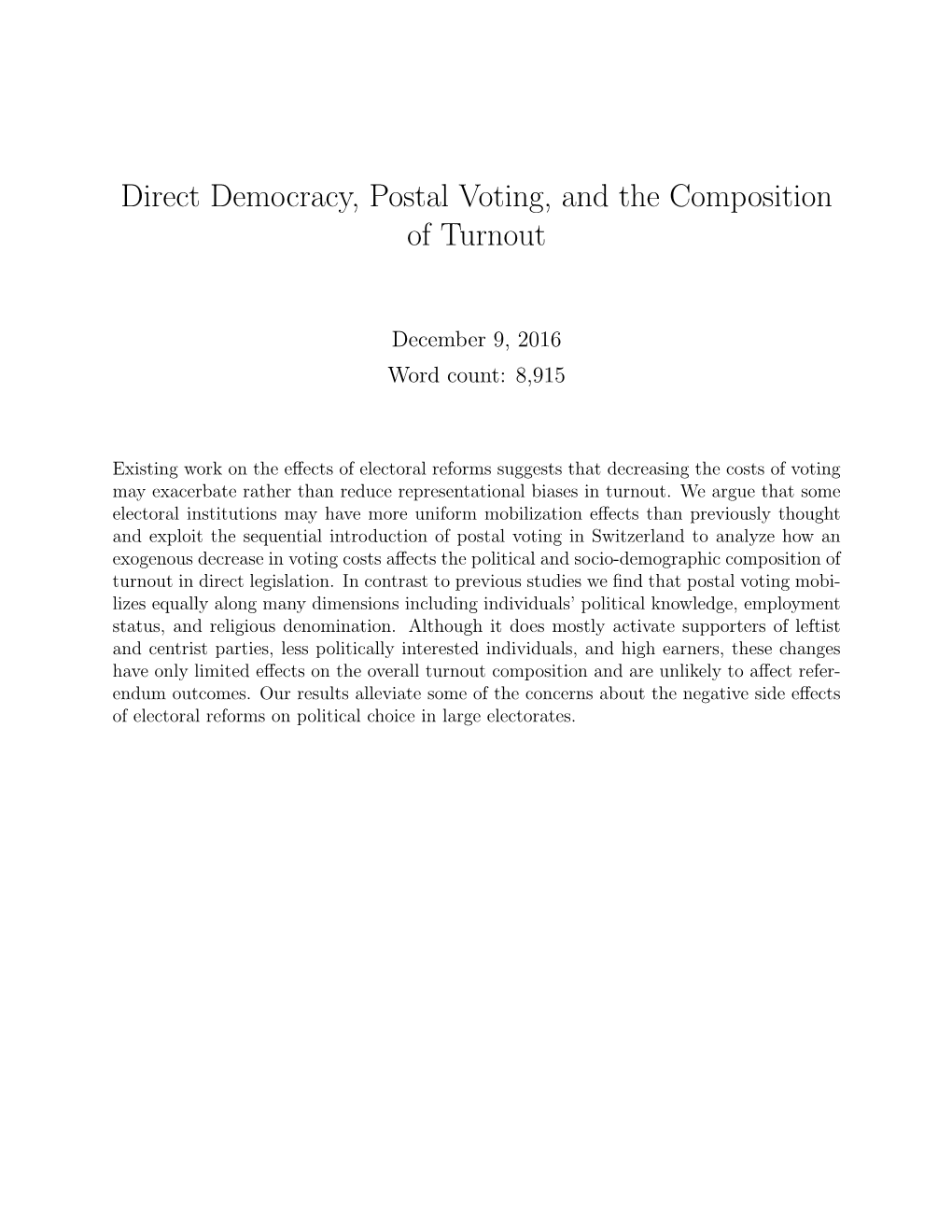 Direct Democracy, Postal Voting, and the Composition of Turnout