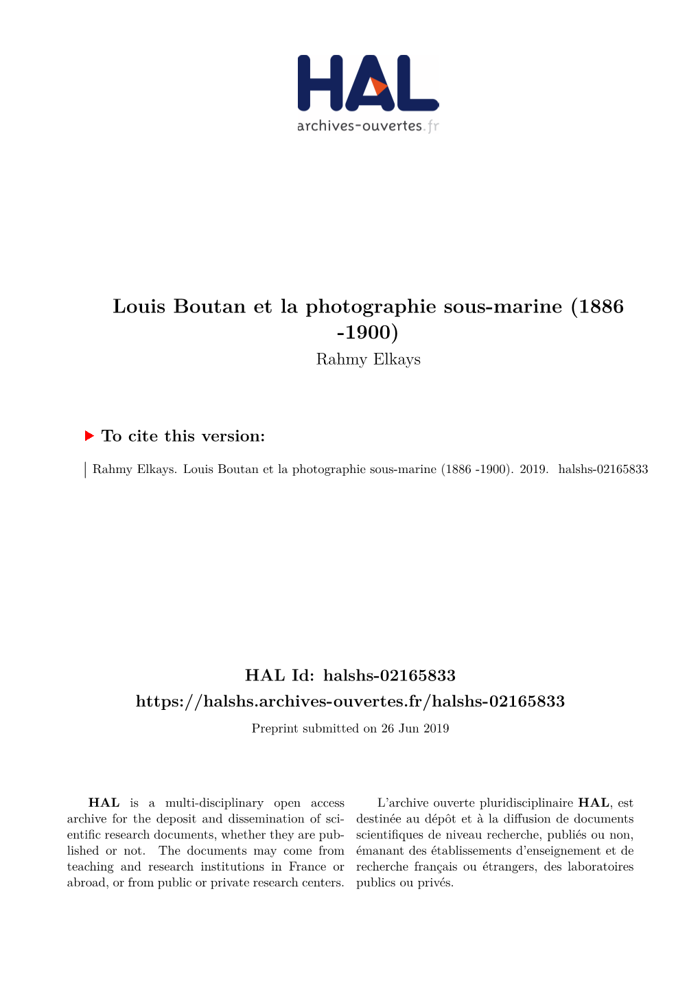Louis Boutan Et La Photographie Sous-Marine (1886 -1900) Rahmy Elkays