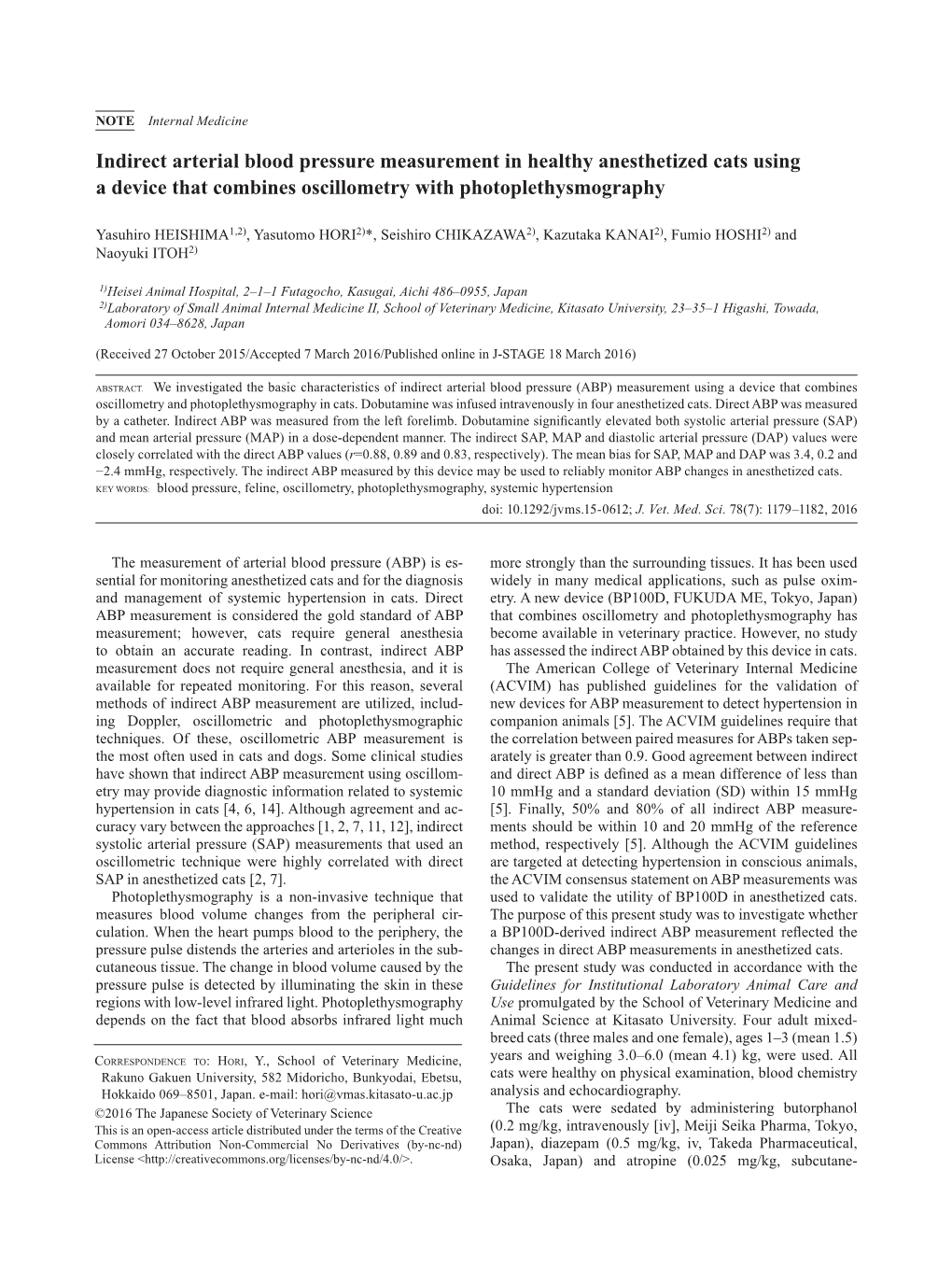 Indirect Arterial Blood Pressure Measurement in Healthy Anesthetized Cats Using a Device That Combines Oscillometry with Photoplethysmography