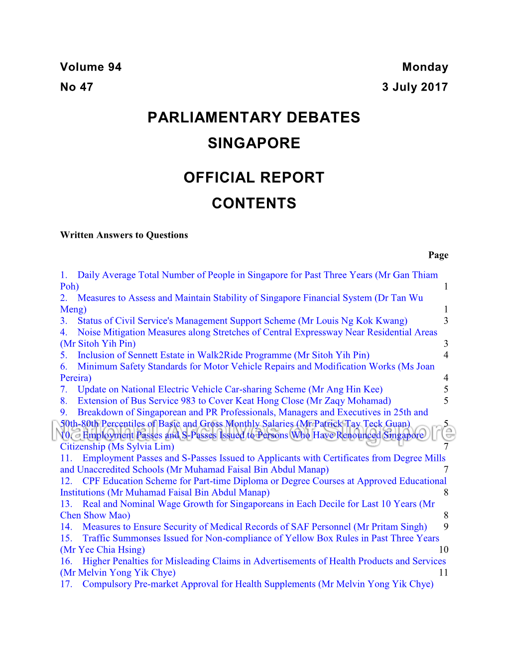 Parliamentary Debates Singapore Official Report Contents