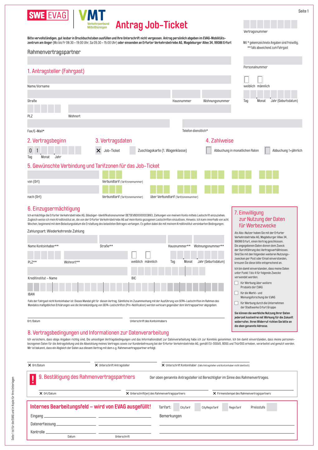 Antrag Job-Ticket Vertragsnummer Bitte Vervollständigen, Gut Lesbar in Druckbuchstaben Ausfüllen Und Ihre Unterschrift Nicht Vergessen