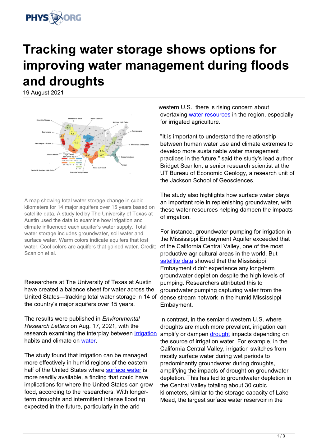 Tracking Water Storage Shows Options for Improving Water Management During Floods and Droughts 19 August 2021