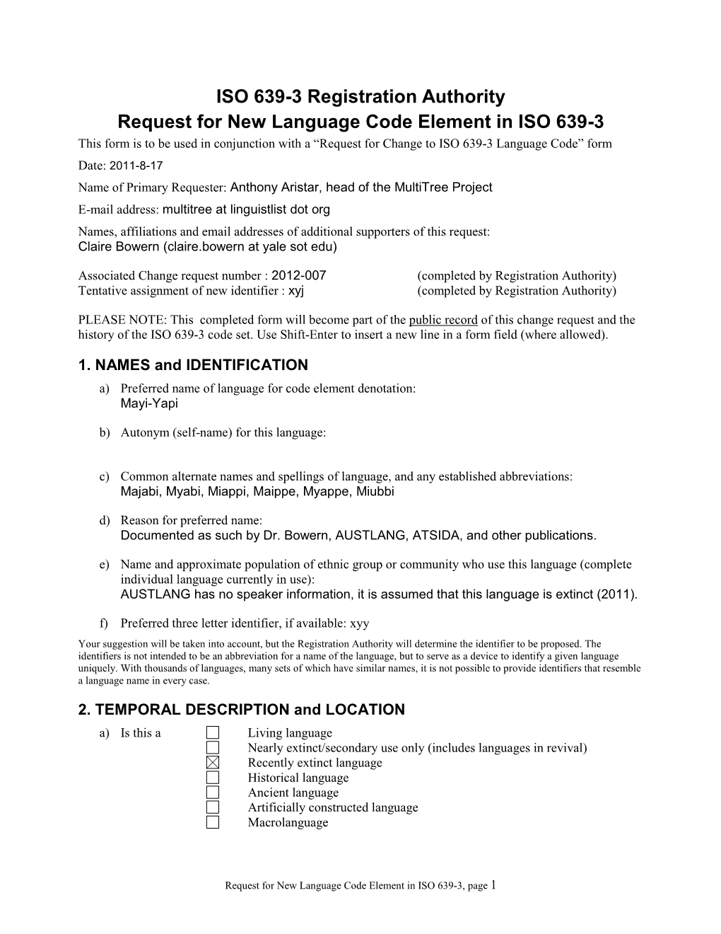 ISO 639-3 Registration Authority Request for New Language Code