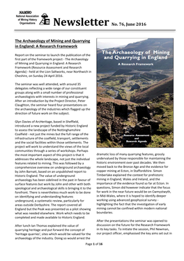 Newsletter No. 76, June 2016 the Archaeology of Mining And