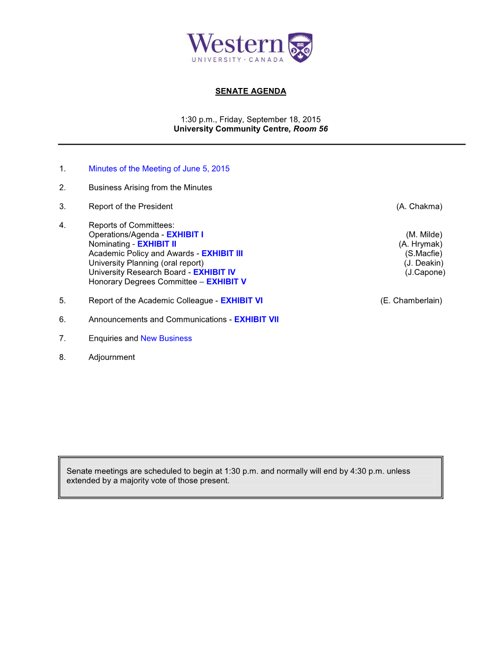 SENATE AGENDA 1:30 P.M., Friday, September 18, 2015 University