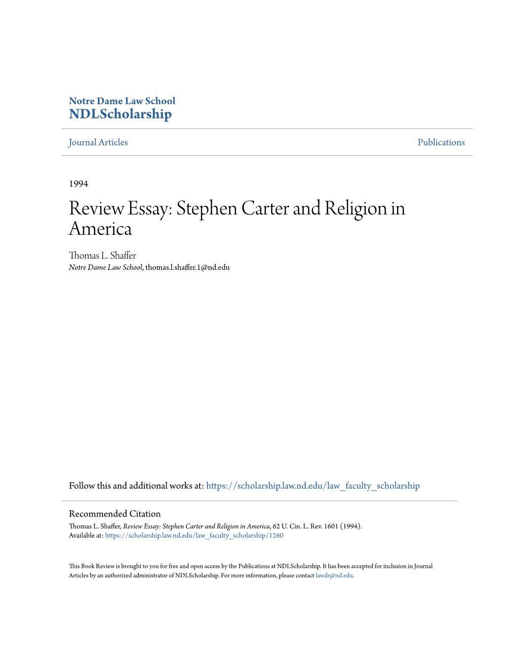 Stephen Carter and Religion in America Thomas L