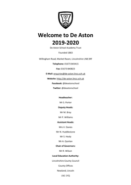 Welcome to De Aston 2019-2020 De Aston School Academy Trust