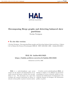 Decomposing Berge Graphs and Detecting Balanced Skew Partitions Nicolas Trotignon