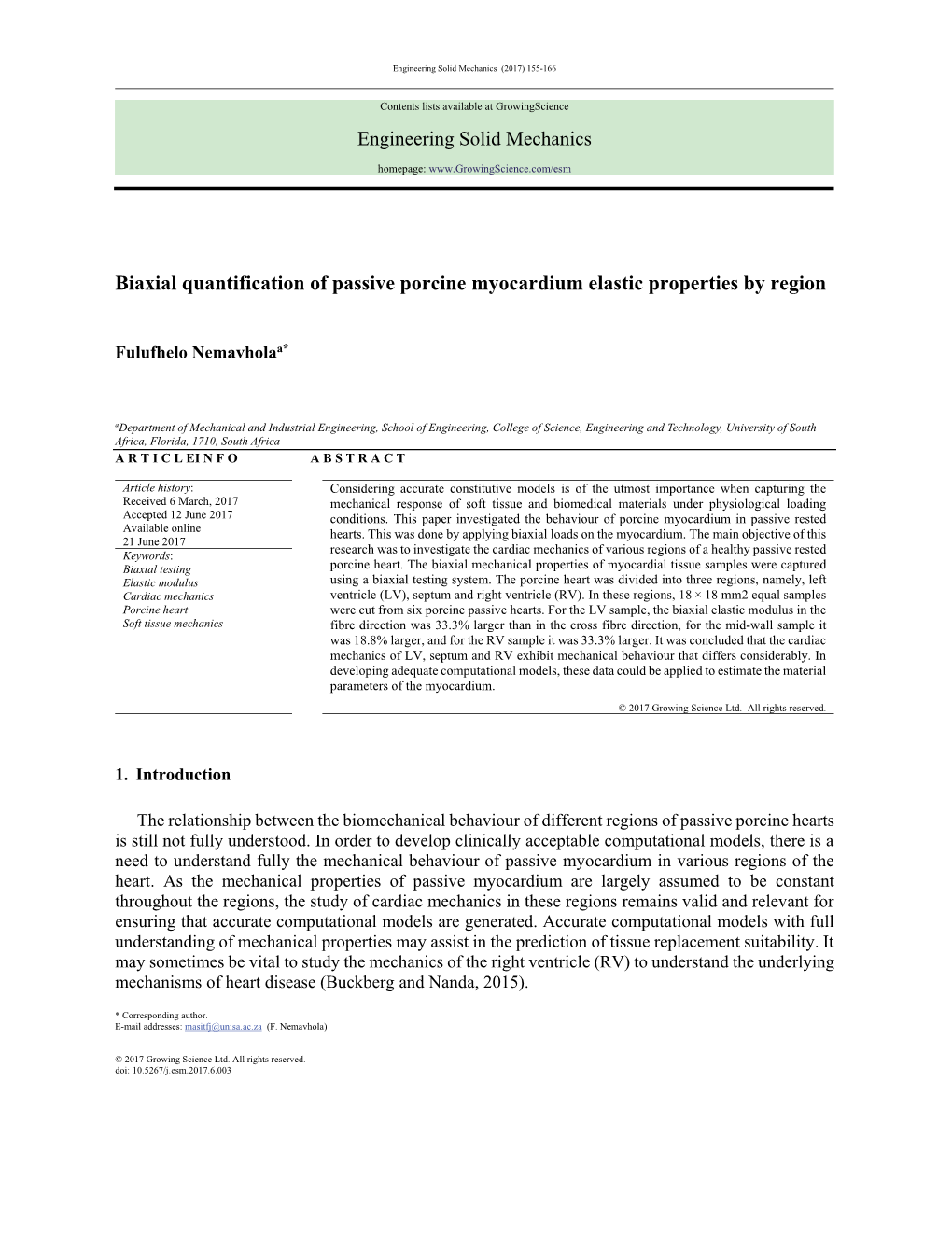 Engineering Solid Mechanics Biaxial Quantification of Passive Porcine