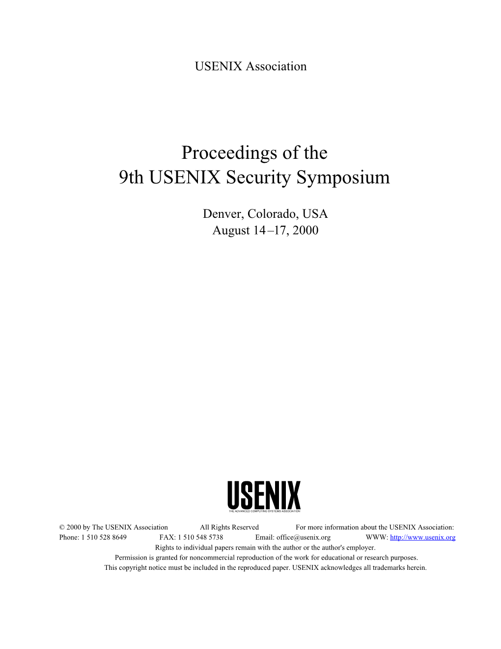 Proceedings of the 9Th USENIX Security Symposium